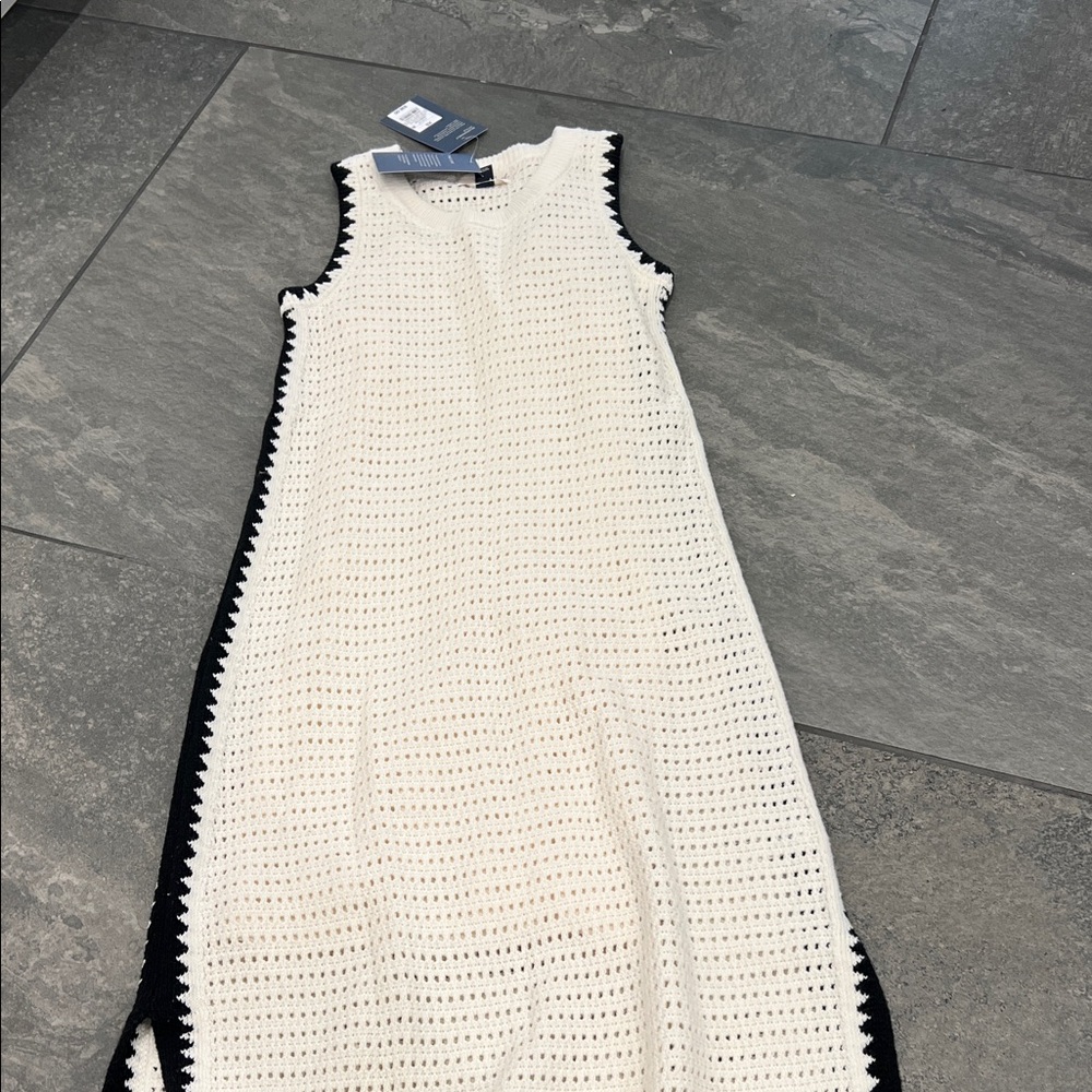 Sleeveless White Crochet Maxi Dress with Black Trim